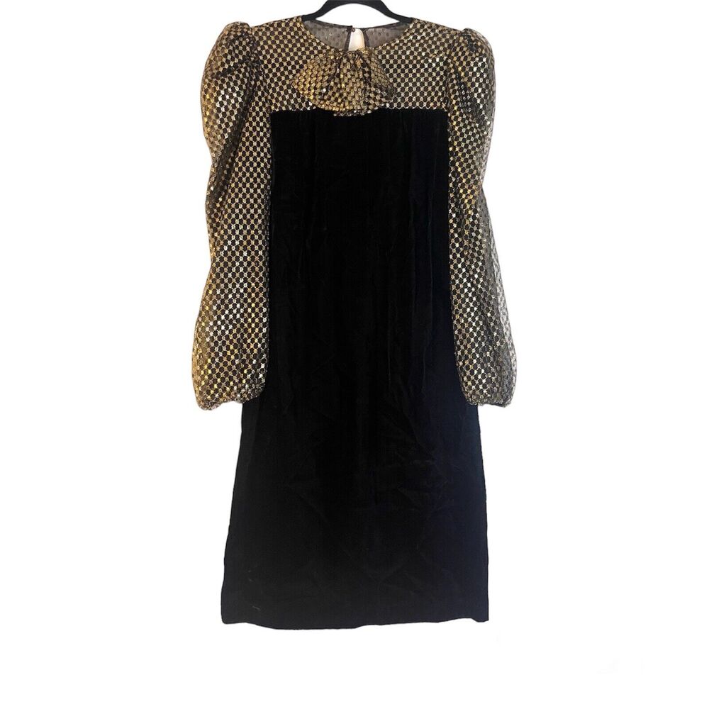 David Howard Black Velvet Gold Puff Long Sleeve Sheath Dress Bow size 7/8